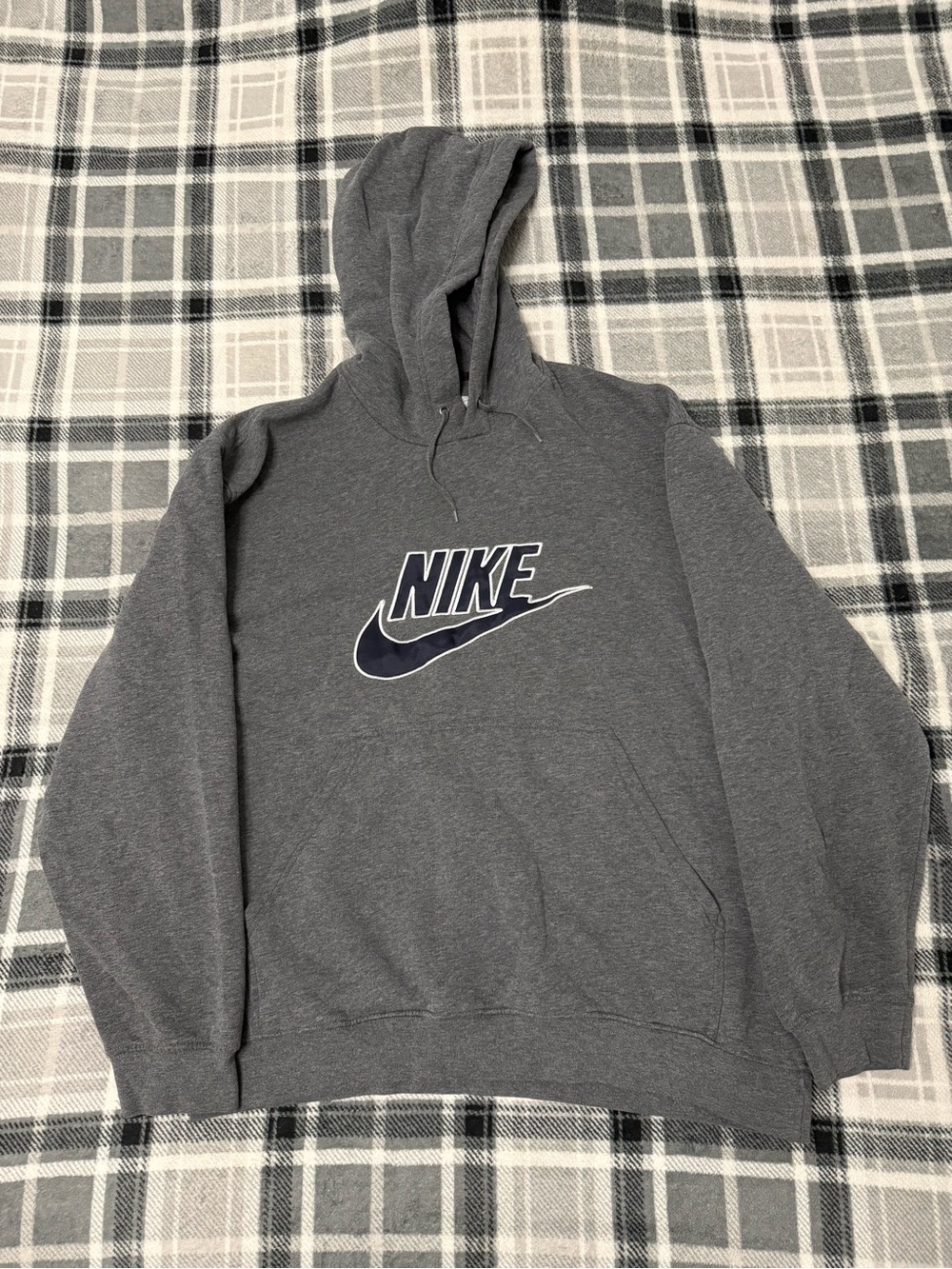 Nike Spellout Big Logo Hoodie Gray Navy Embroidered Y2K Pullover Mens XL